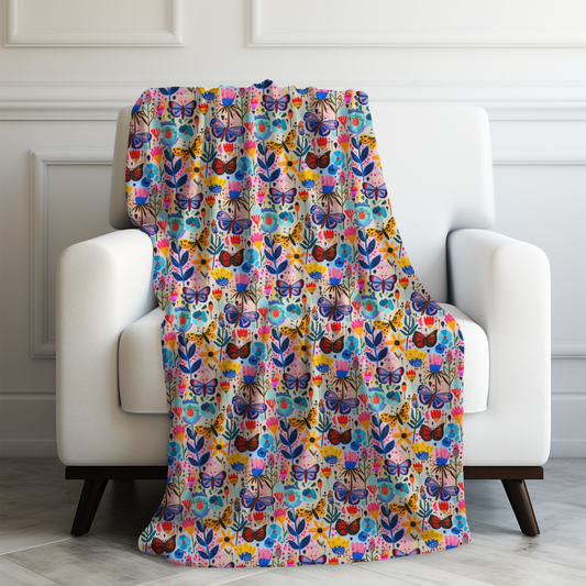 Whimsical Garden: Hand-drawn Flowers, Butterflies, and Bursting Blooms Velveteen Plush Blanket 3 Sizes