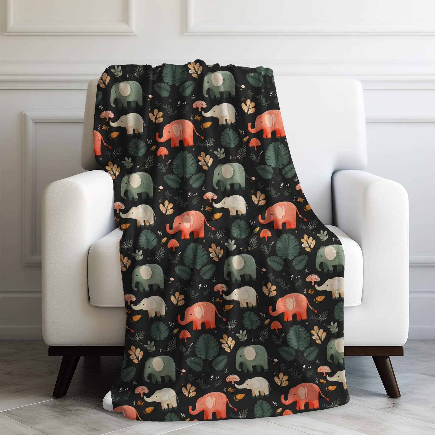 Whimsical Elephant Parade Cute Jungle Animal Art Print with Tropical Foliage on Black Velveteen Plush Blanket 3 Sizes