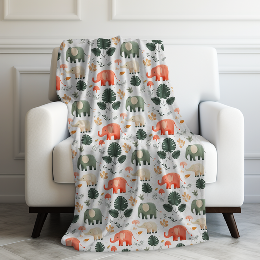 Whimsical Elephant Parade Cute Jungle Animal Art Print with Tropical Foliage Velveteen Plush Blanket 3 Sizes