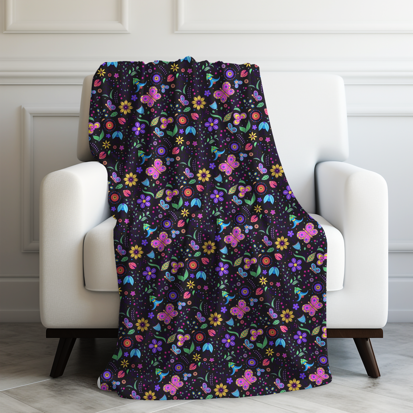 Whimsical Flutter: Kids' Enchanted Butterflies and Blooming Flowers on Black  Velveteen Plush Blanket 3 Sizes