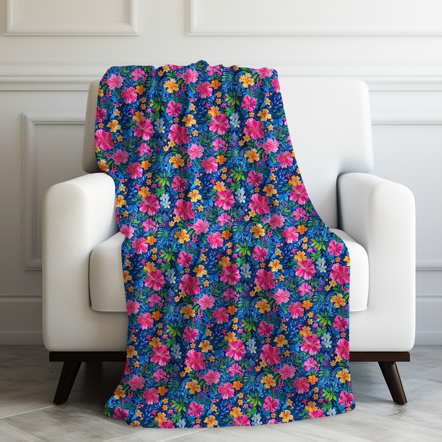 Tropical Sunrise Bloom: Pink Watercolor Flowers with Yellow and Blue Accents Velveteen Plush Blanket 3 Sizes