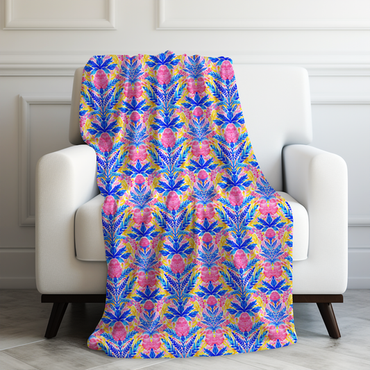 Tropical Watercolor Blooms in Vibrant Pinks and Blues Velveteen Plush Blanket 3 Sizes