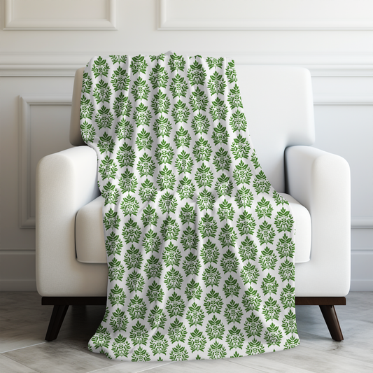 Verdant Harmony in Elegant Green Botanical Block Print Pattern Velveteen Plush Blanket 3 Sizes