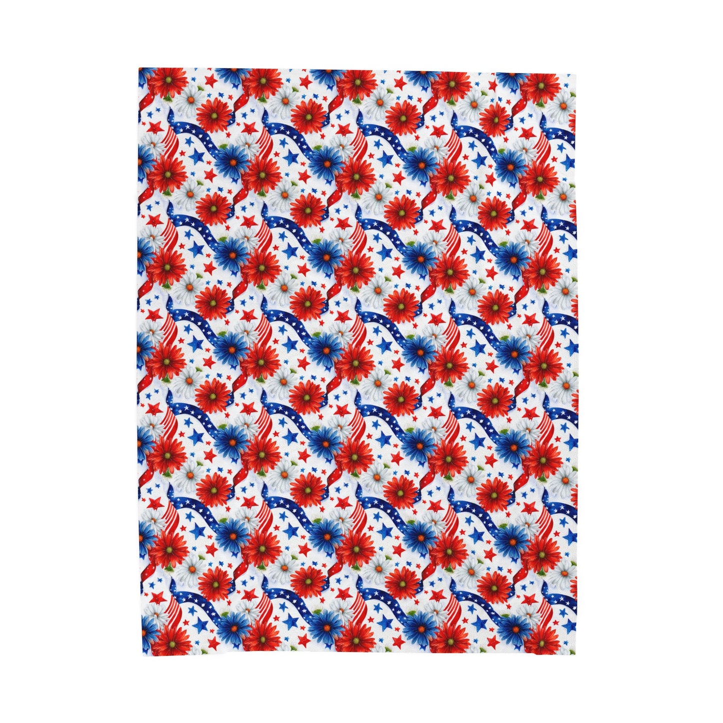 Patriotic Flowers Stars and Stripes Print Velveteen Plush Blanket 3 Sizes