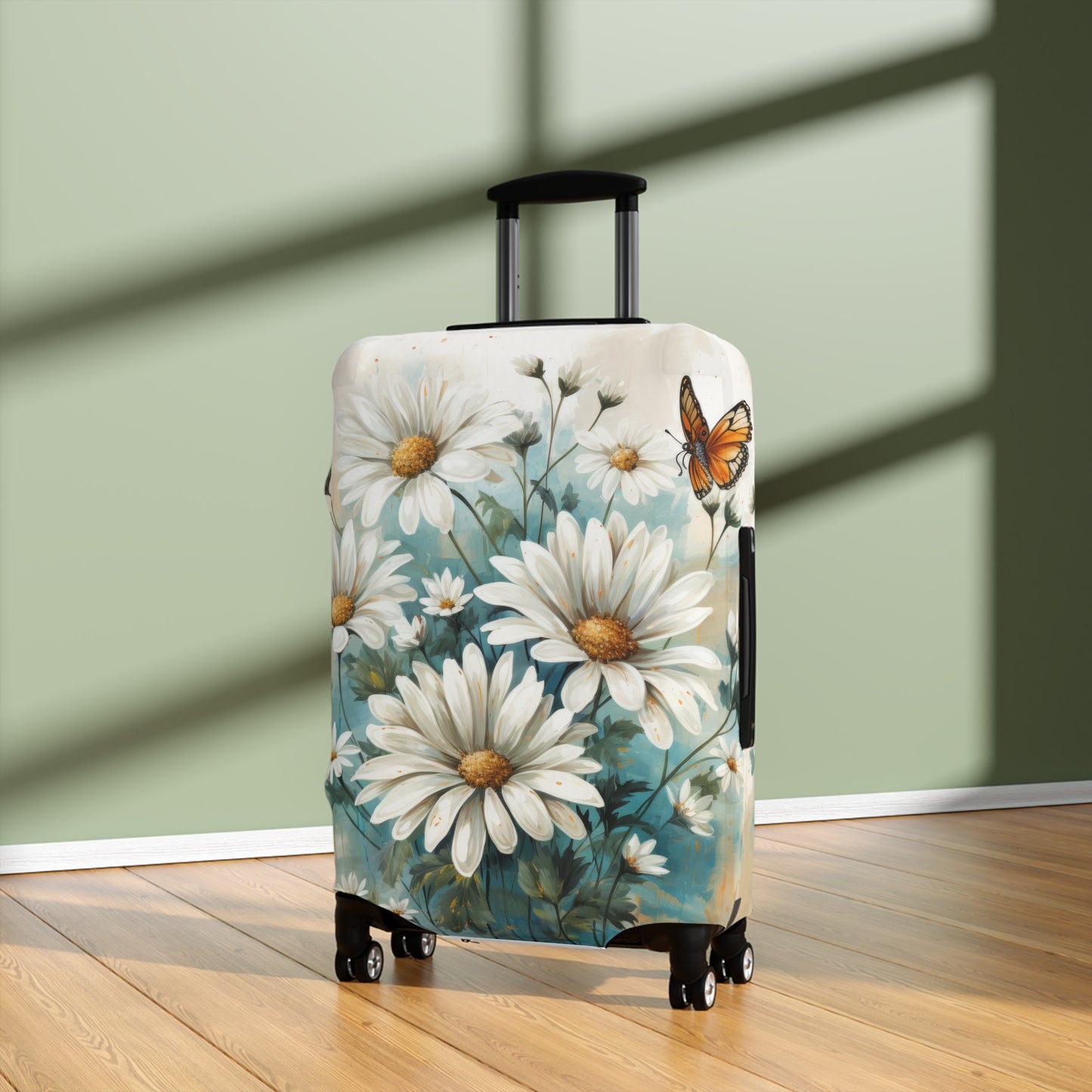 Rustic Farmhouse Teal and White Wild Daisies and Butterflies  - Luggage Protector and Cover 3 Sizes