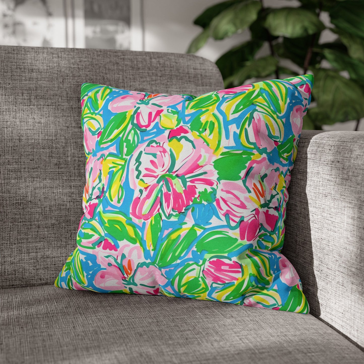 Whispering Meadows: Pink Blossoms, Lush Green Leaves, and Accents of Yellow and Blue Spun Polyester Square Pillowcase 4 Sizes