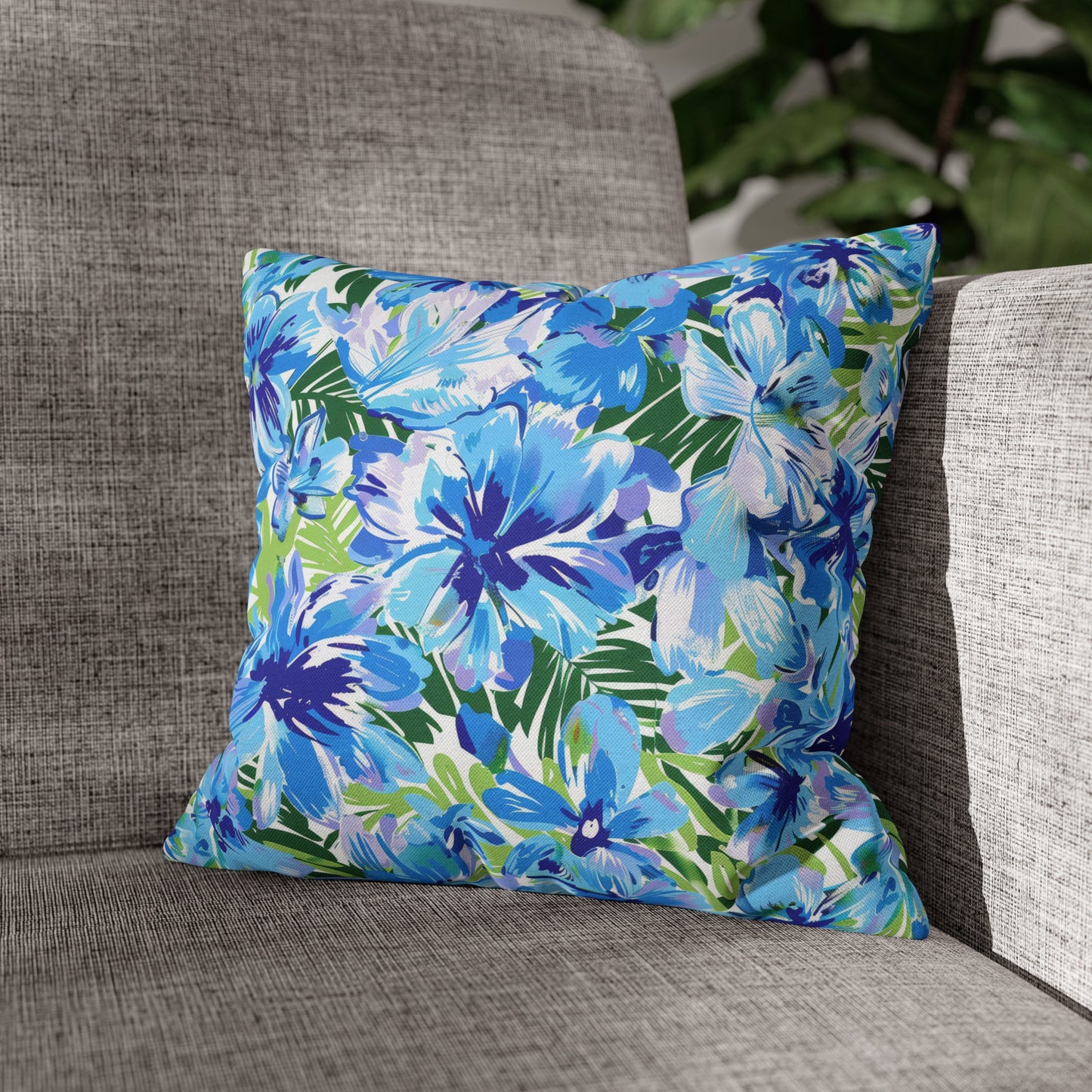 Azure Bloom Oasis: Bright Blue Large Flowers with Lush Green Palm Leaves Spun Polyester Square Pillowcase 4 Sizes