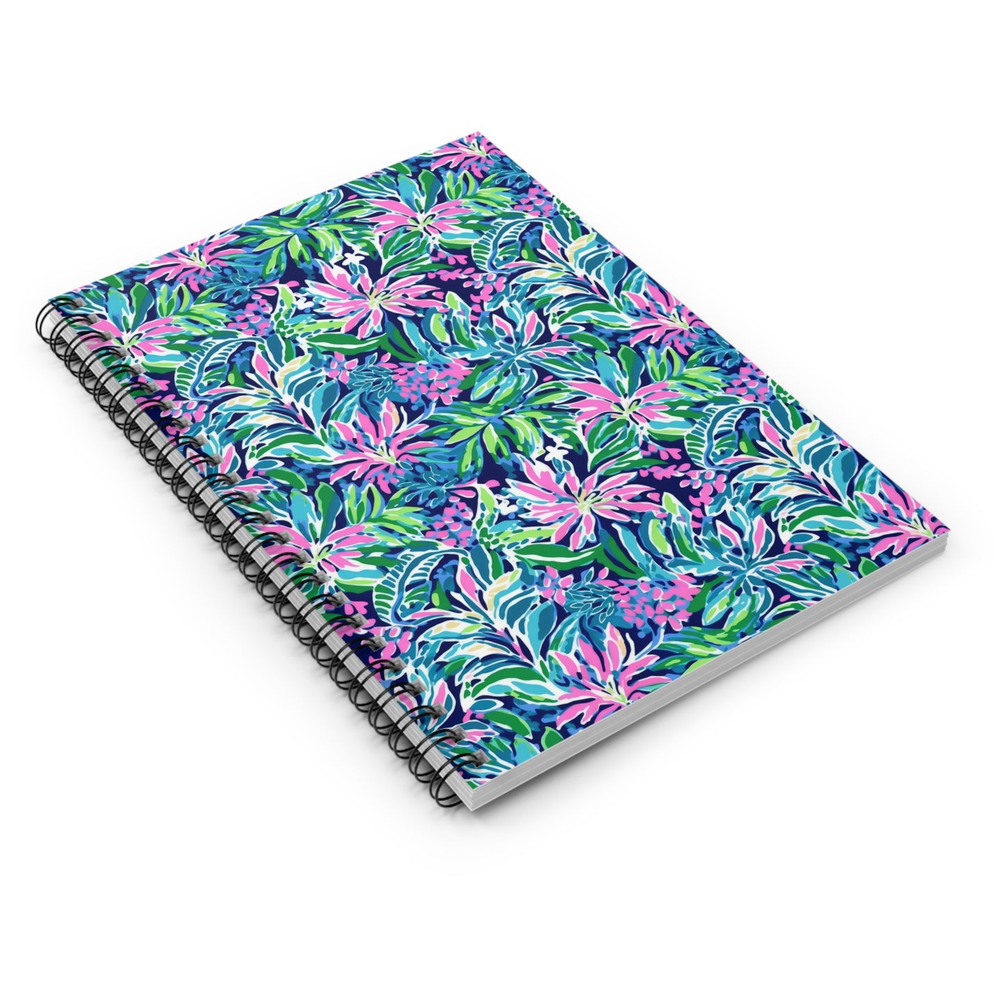 Seaside Blossoms: Coastal Spring Flowers in Pink, Green, and Navy Watercolors Spiral Ruled Line Notebook