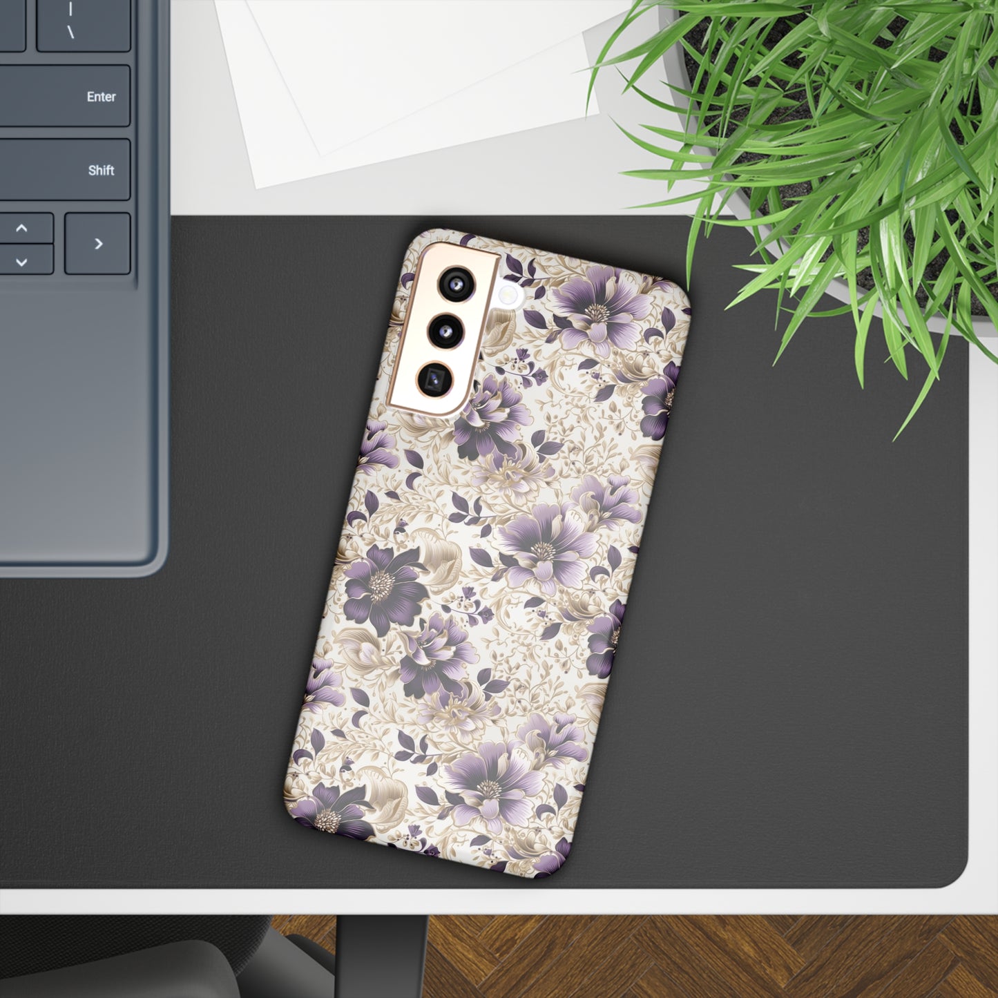 Purple Majesty: Watercolor Floral Design with Gold Foliage Accents Samsung Slim Cases