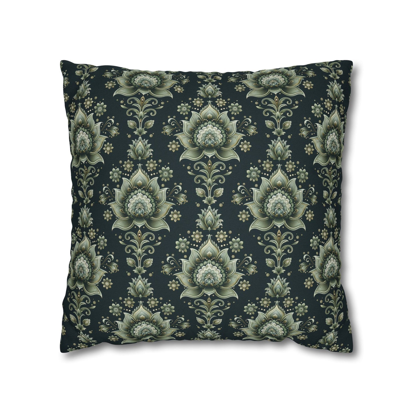 Ornate Green Mandala with Golden Accents on Dark Background Polyester Square Pillowcase 4 Sizes