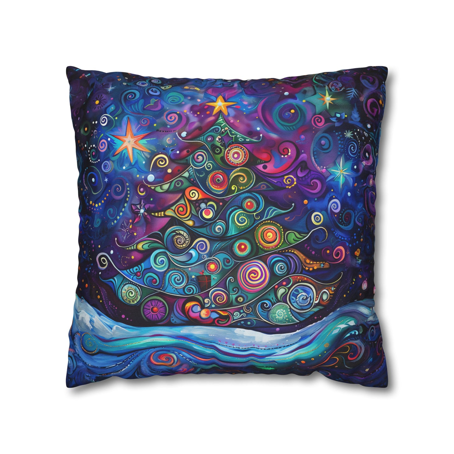 Christmas Tree in Magical Purple Hues, Sparkling Amidst Vibrant Stars Spun Polyester Square Pillowcase 4 Sizes