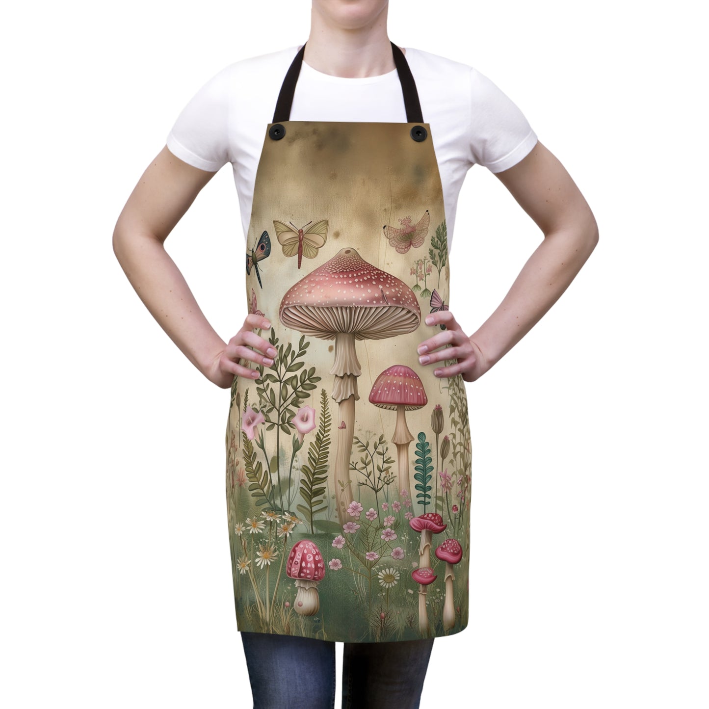 Botanical Wonderland: Mushrooms, Flowers, and Butterflies Flourishing in a Garden Kitchen Chef Apron