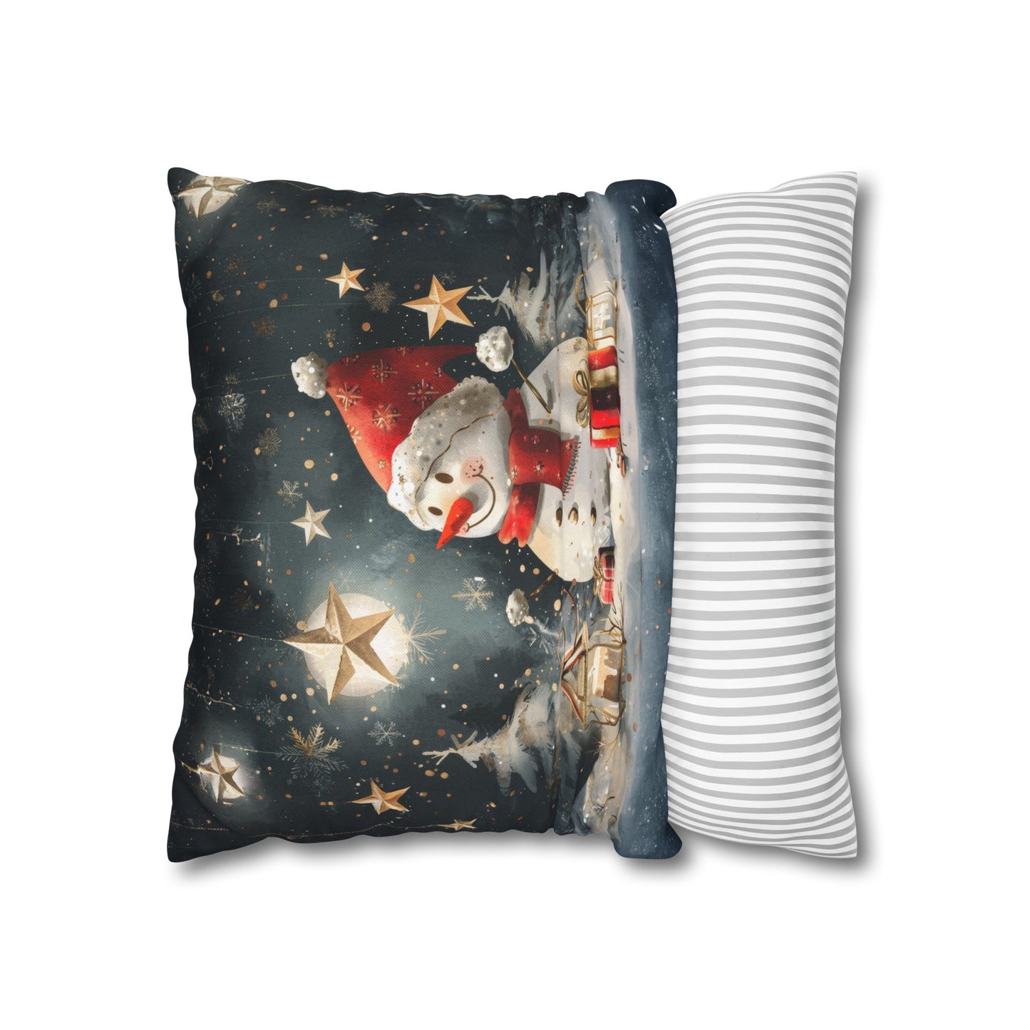 Moonlit Frost: Snowman Basking in Moonlight Surrounded by Presents Spun Polyester Square Pillowcase 4 Sizes