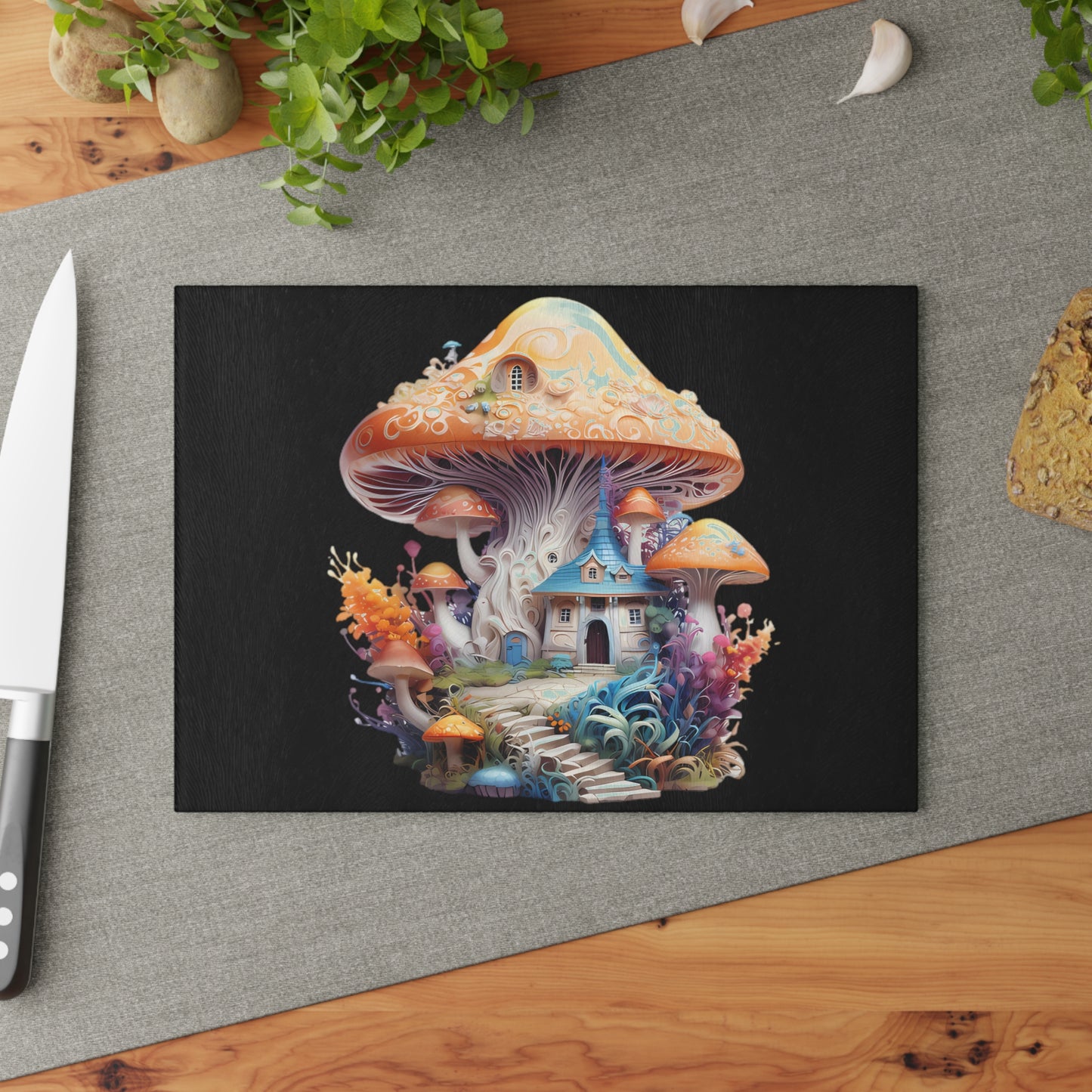 Fairytale Mushroom 2 Story Cottage Home with Black Background - Glass Cutting Board  8" x 11" and 11" x 15"