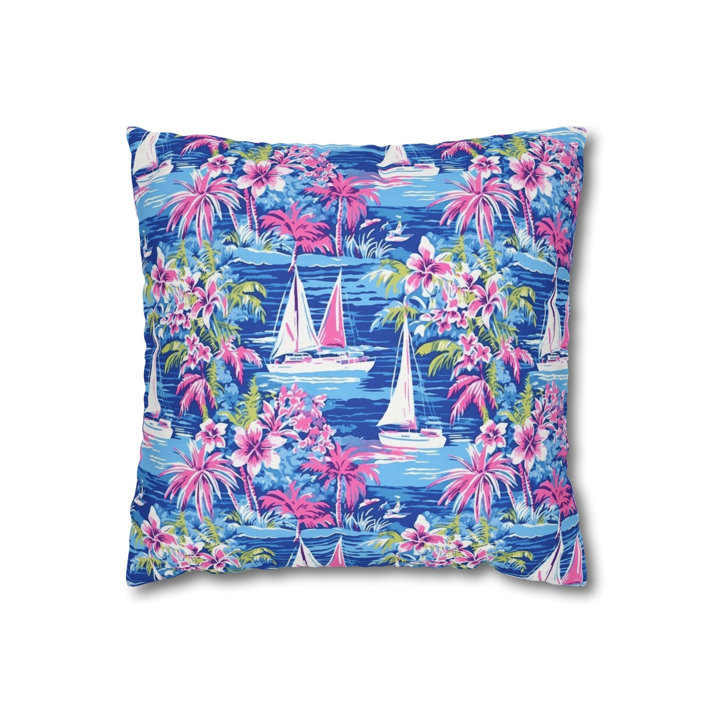 Sailing Tropics: Watercolor Sailboats Amidst Ocean Waves, Tropical Flowers, and Palm Trees Spun Polyester Square Pillowcase 4 Sizes