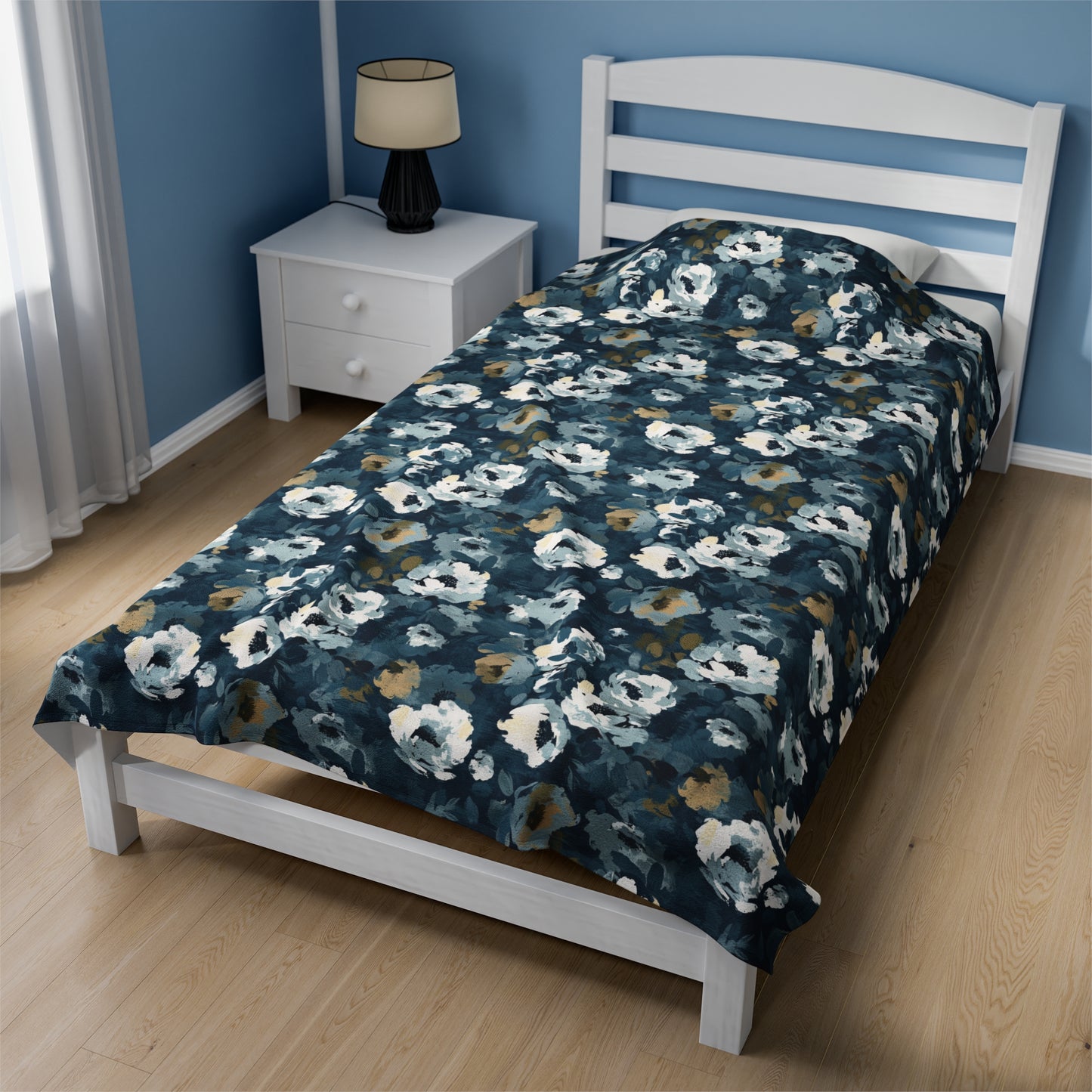 Chic and Artistic Floral Blooms in Shades of Navy, Gray, and Soft Gold Velveteen Plush Blanket 3 Sizes