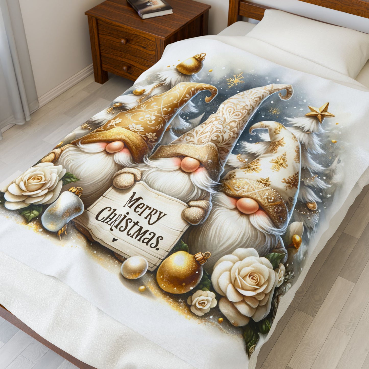 Gnomes Golden Merry Christmas Velveteen Plush Blanket 3 Sizes