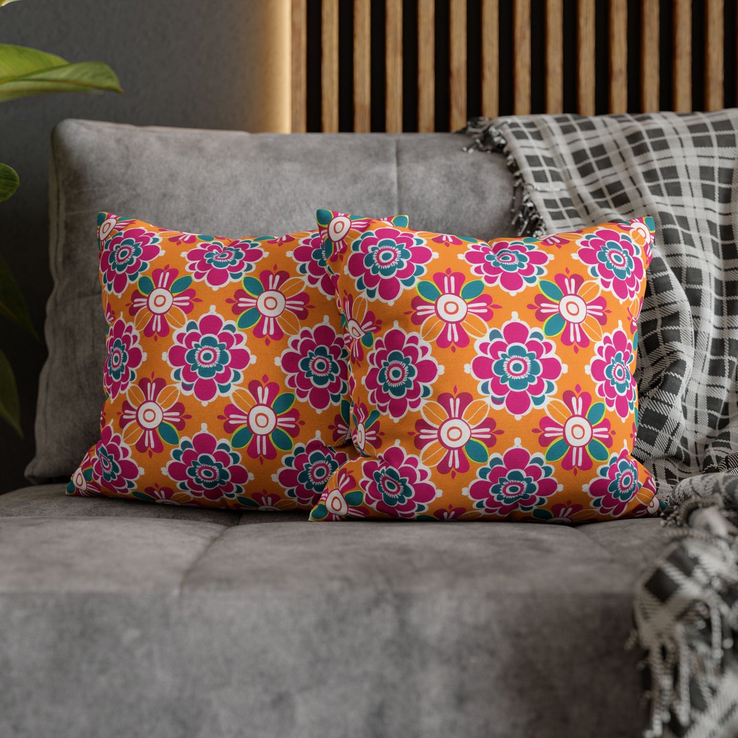 Array of Stylized Floral Motifs in Vivid Pink, Teal, and White Set Against a Warm Orange Backdrop Spun Polyester Square Pillowcase 4 Sizes