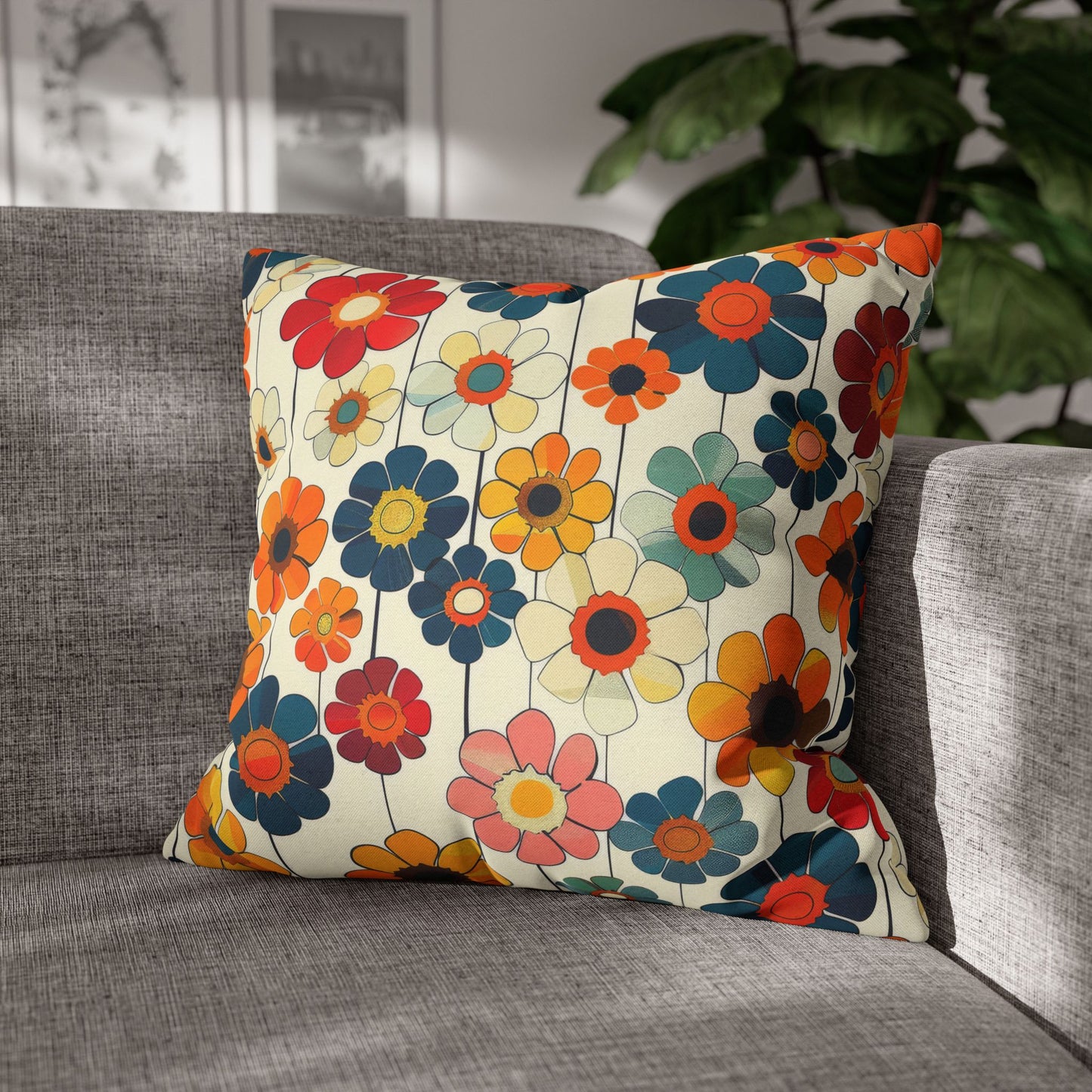 Blooming Joy Vibrant Retro Floral Pattern Spun Polyester Square Pillowcase 4 Sizes