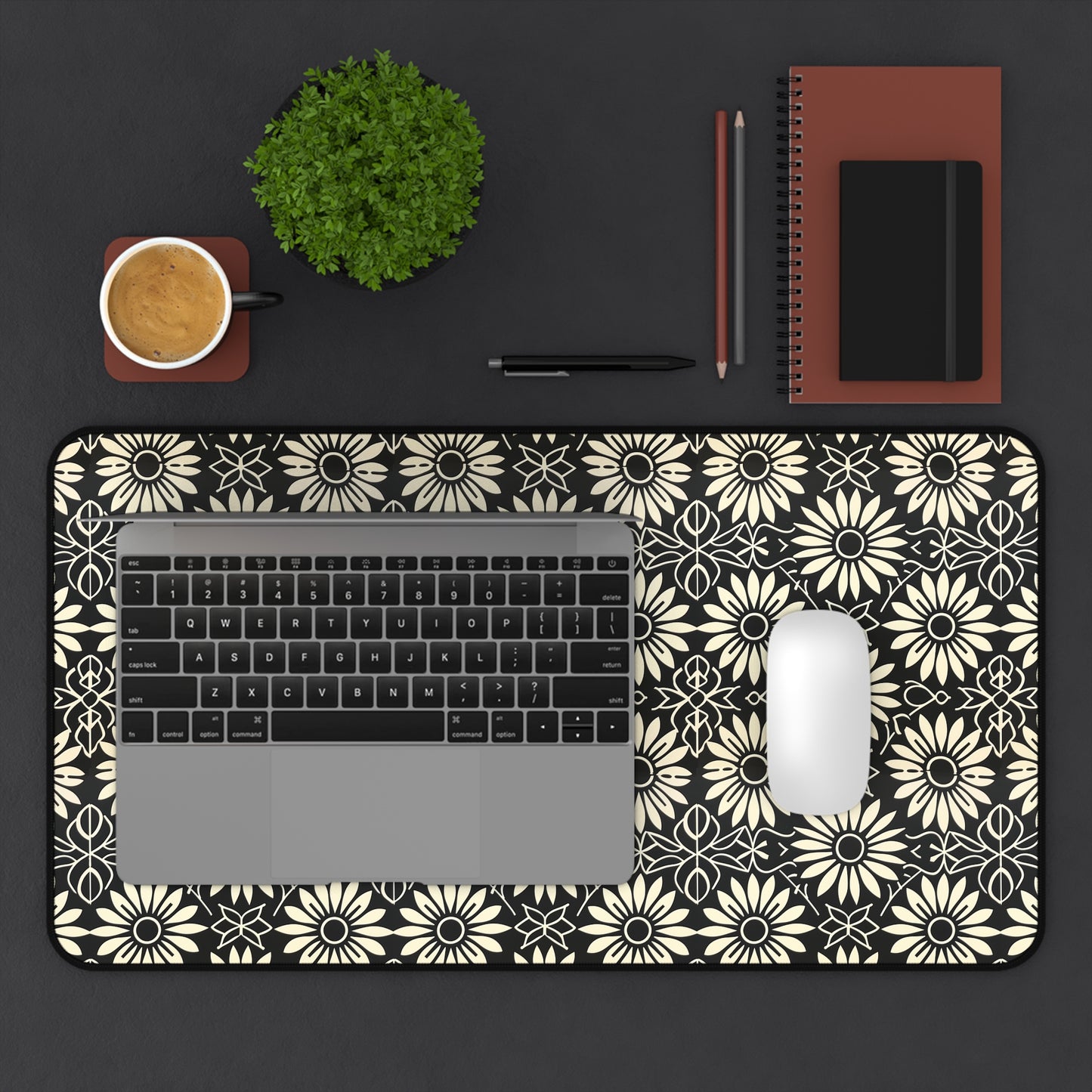 Classic Daisy Black and Off White Elegance Extended Gaming Mouse Pad  Desk Mat  - 3 Sizes