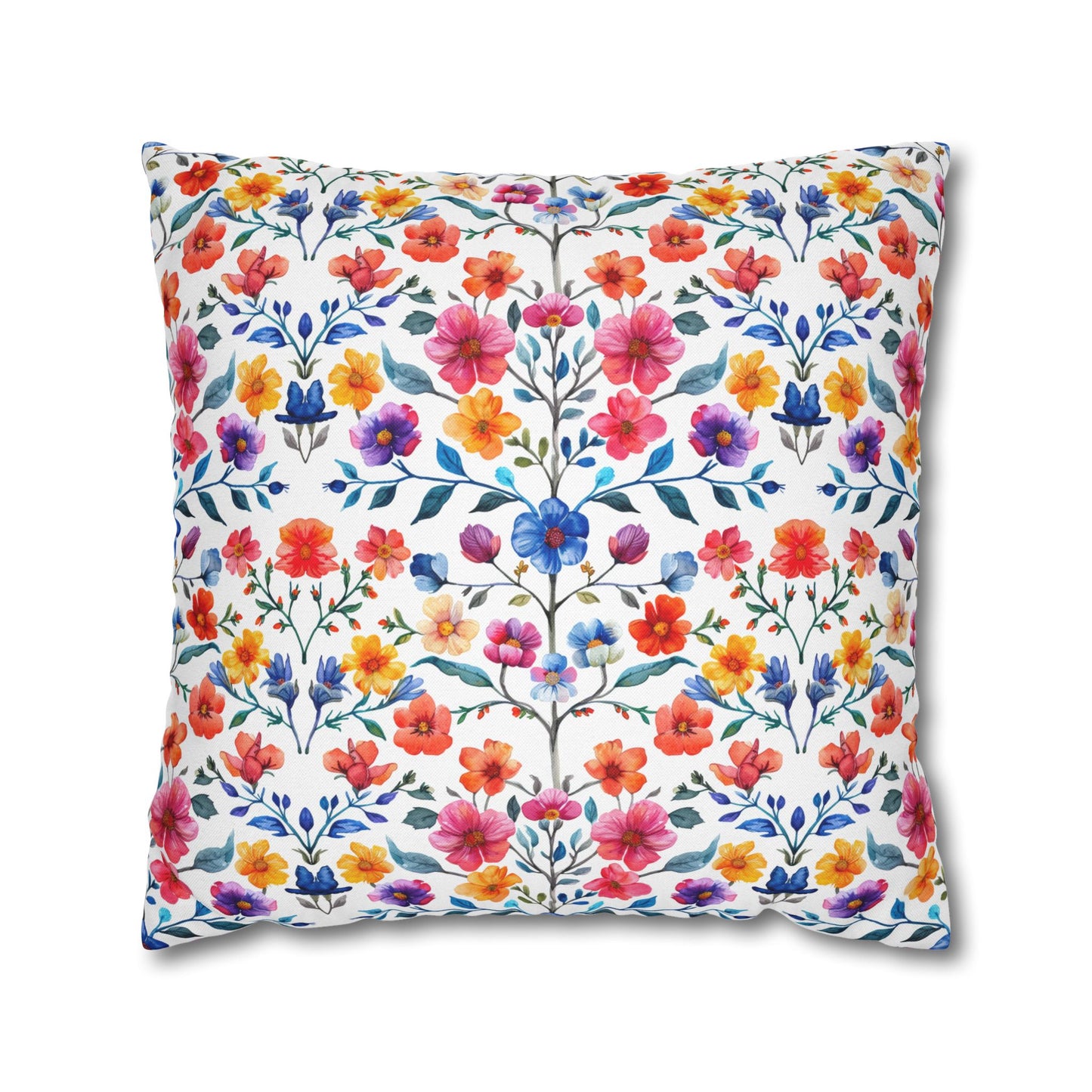 Botanical Symphony with Vibrant Watercolor Flowers  Spun Polyester Square Pillowcase 4 Sizes