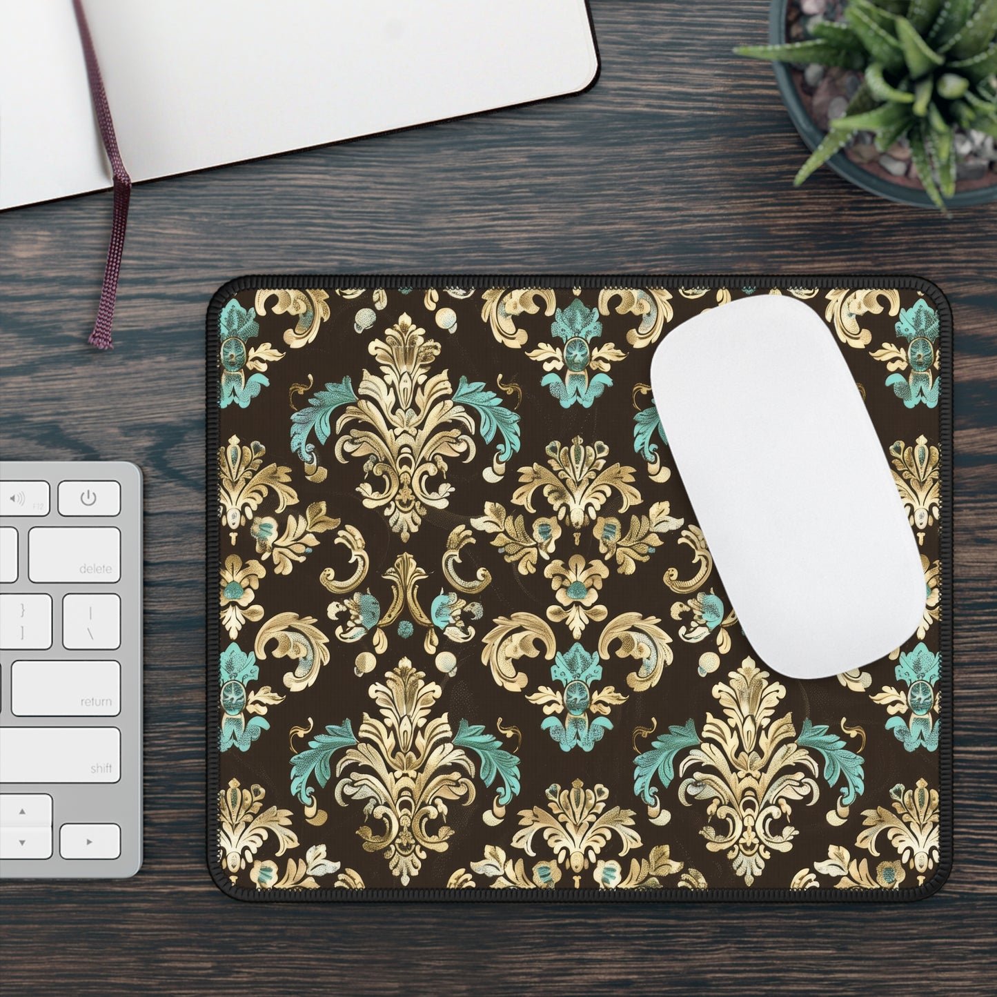 Luxurious Rococo Pattern of Ornate Brown and Teal Floral Scroll Design Gaming Mouse Pad with Finished Edges