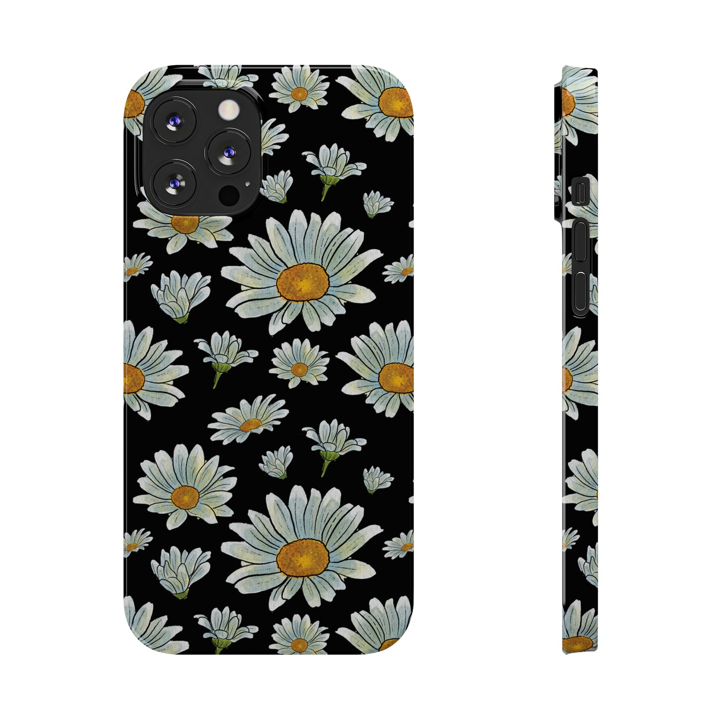 Large Watercolor Summer Daisies Blooming Against a Bold Black Background Iphone 15-12 Slim Phone Case