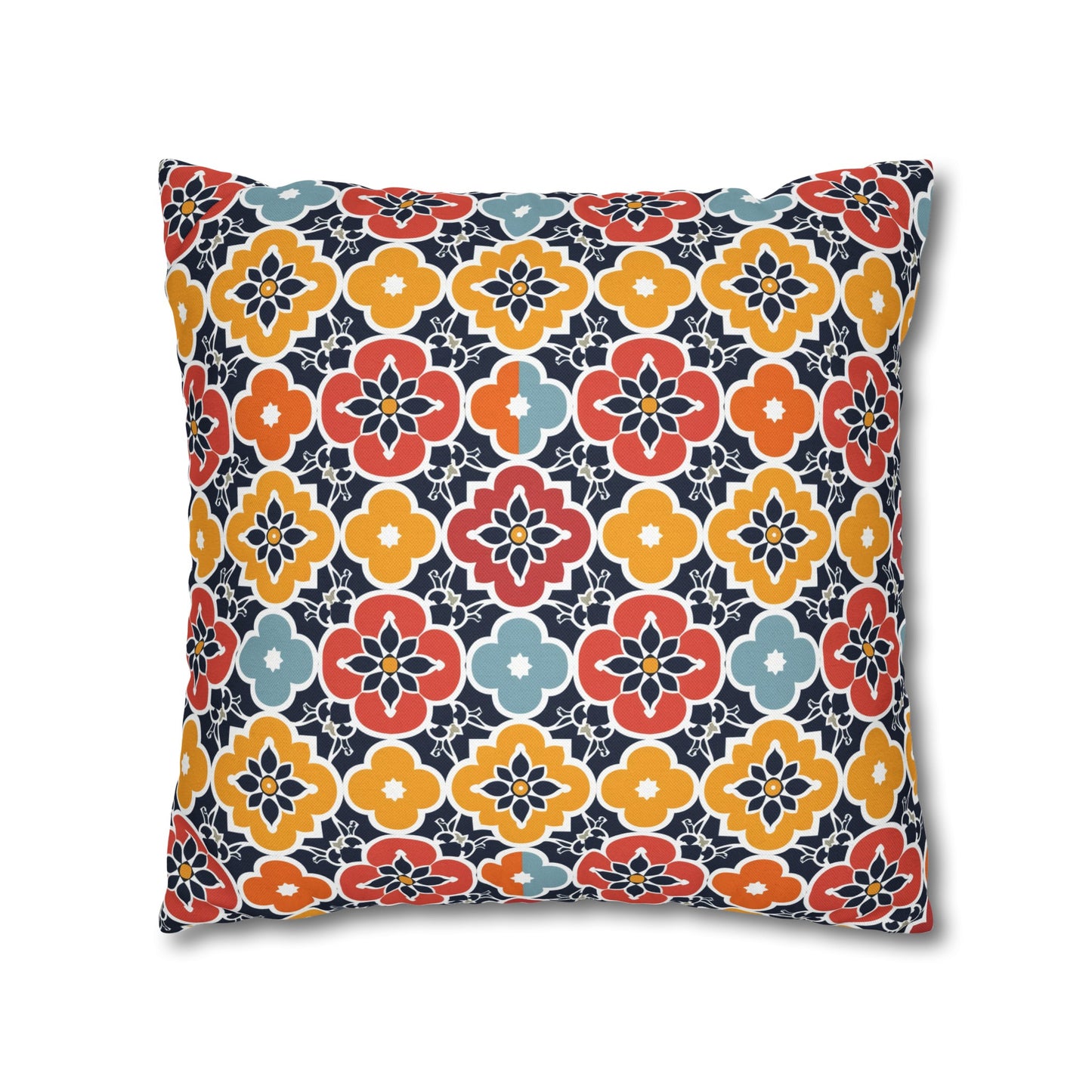 Vibrant Moroccan Orange, Gold and Blue Tile Pattern Spun Polyester Square Pillowcase 4 Sizes