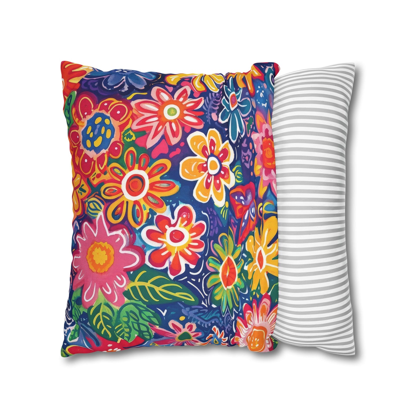 Fluttering Kaleidoscope: Vibrant Multicolor Flowers and Butterflies in Flight Spun Polyester Square Pillowcase 4 Sizes