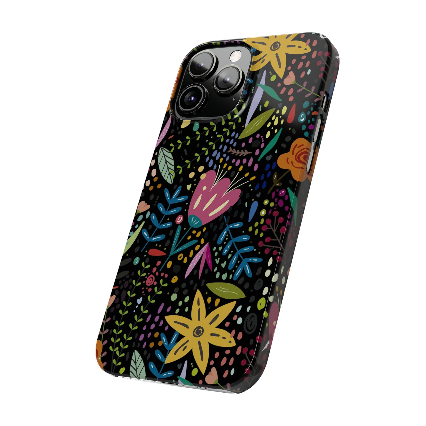 Springtime Splendor: Hand-Drawn Flowers Bursting with Vibrant Colors Design on Black Iphone 15-12 Slim Phone Case