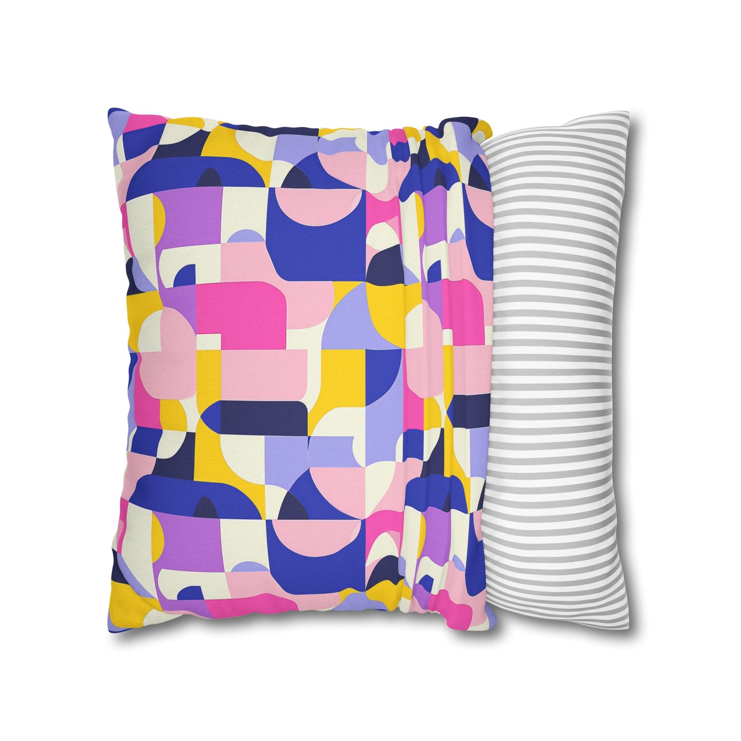 Vibrant Pink, Blue Yellow Color Block Geometric Shapes Spun Polyester Square Pillowcase 4 Sizes