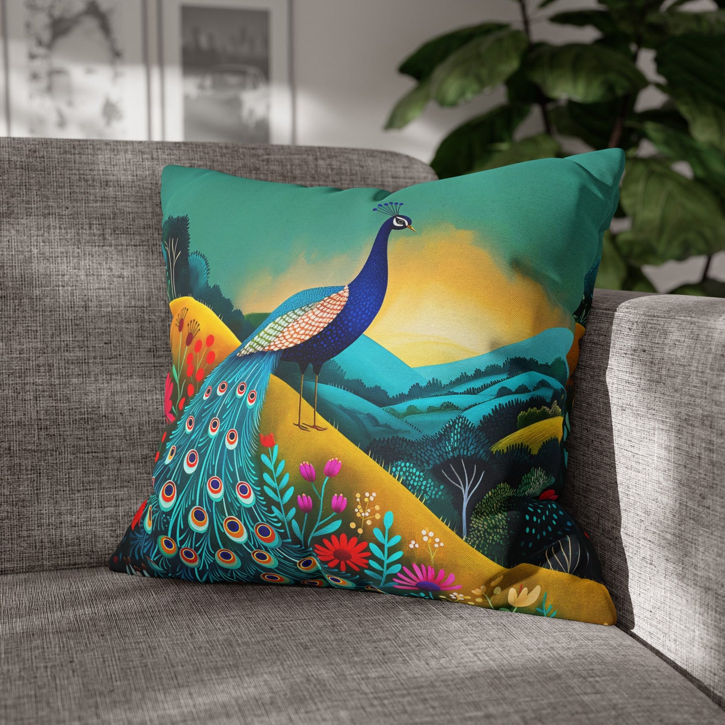 Radiant Peacock with Colorful Enchanted Garden and Sunrise Spun Polyester Square Pillowcase 4 Sizes