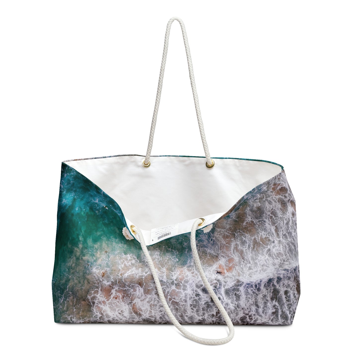 Ocean's Embrace: Deep Green Waters with White Waves Crashing onto the Beach - Weekender Oversized Canvas Tote Bag 24" × 13"