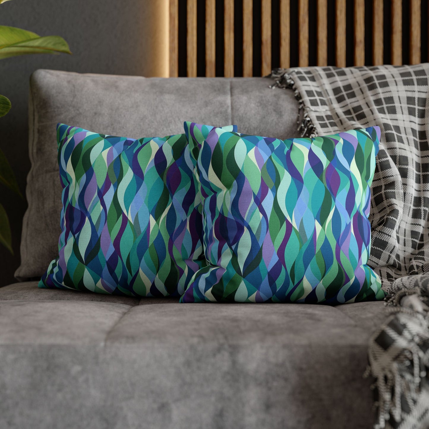 Modern Mosaic Art Ocean Waves of Blue and Green Spun Polyester Square Pillowcase 4 Sizes