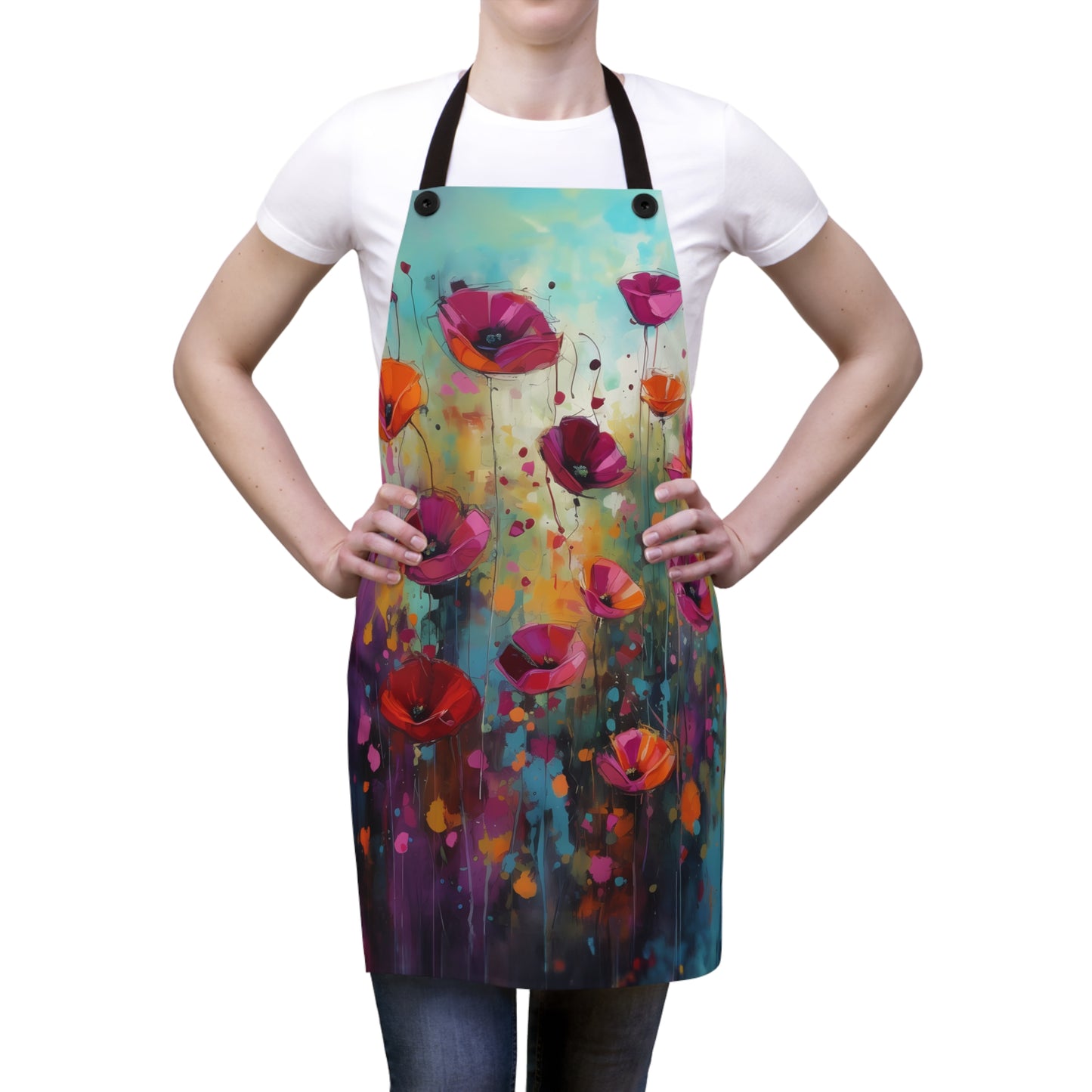 Serenade of Sunset: Painted Pink Wildflowers in a Field at Dusk - Kitchen Chef Apron