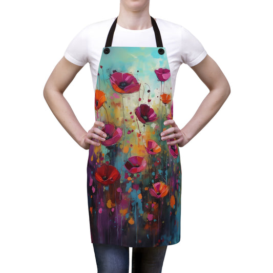 Serenade of Sunset: Painted Pink Wildflowers in a Field at Dusk - Kitchen Chef Apron