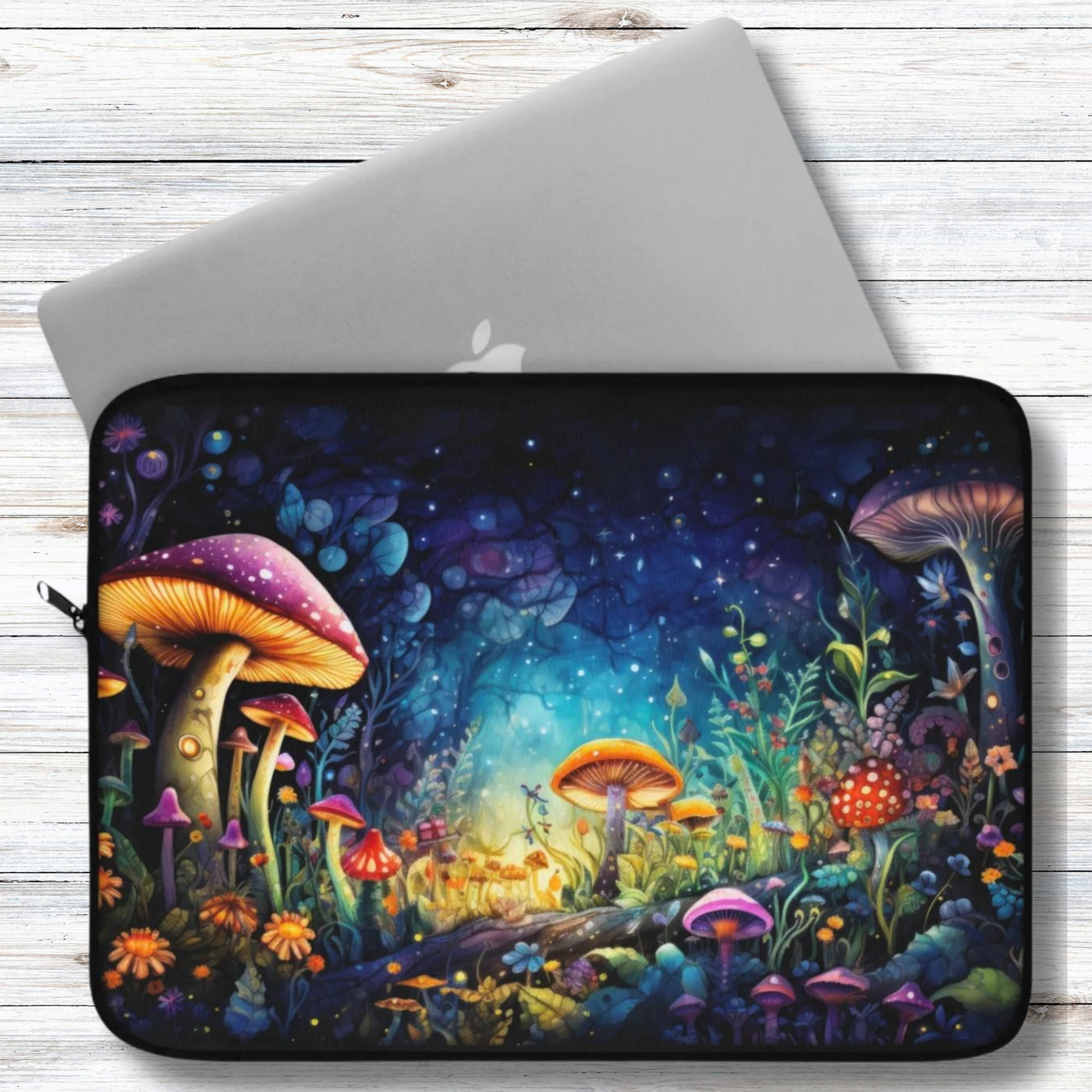 Fantasy Neon Midnight Mushroom and Flower Garden - Laptop or Ipad Protective Sleeve 3 Sizes