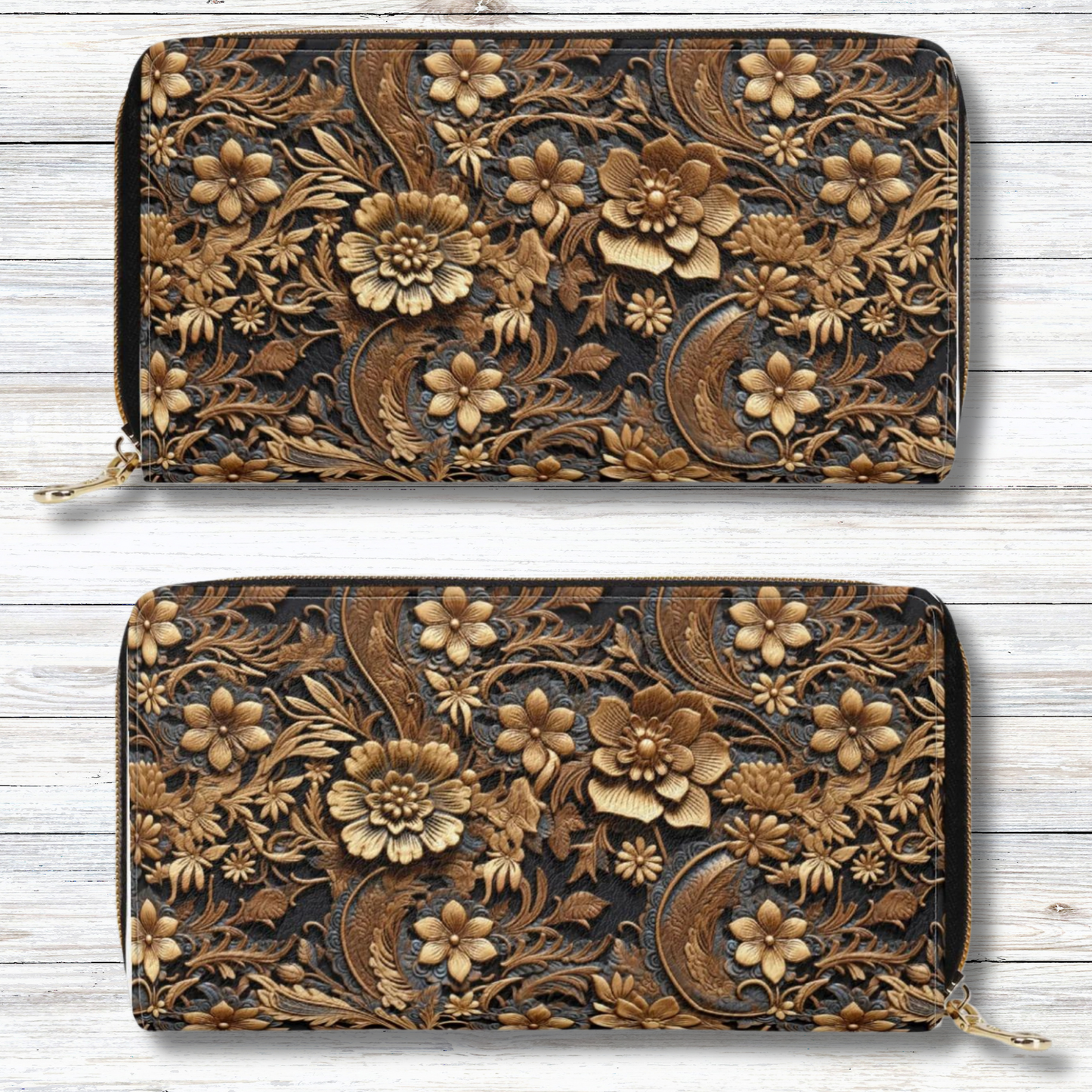 Print of Tooled Leather Large Gold Flowers with Blue Leaf Swirl Accents Leather Wallet (PU)