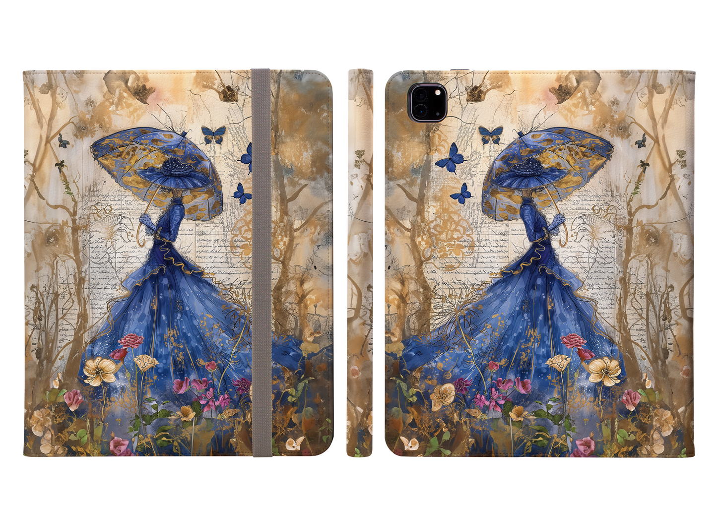 Victorian Splendor of a Women in Blue Hats & Dresses, Graced by Blue Butterflies in a Vintage Flower Garden Protective iPad Pro 11 & Pro 12.9 Protective Case and Pencil Holder