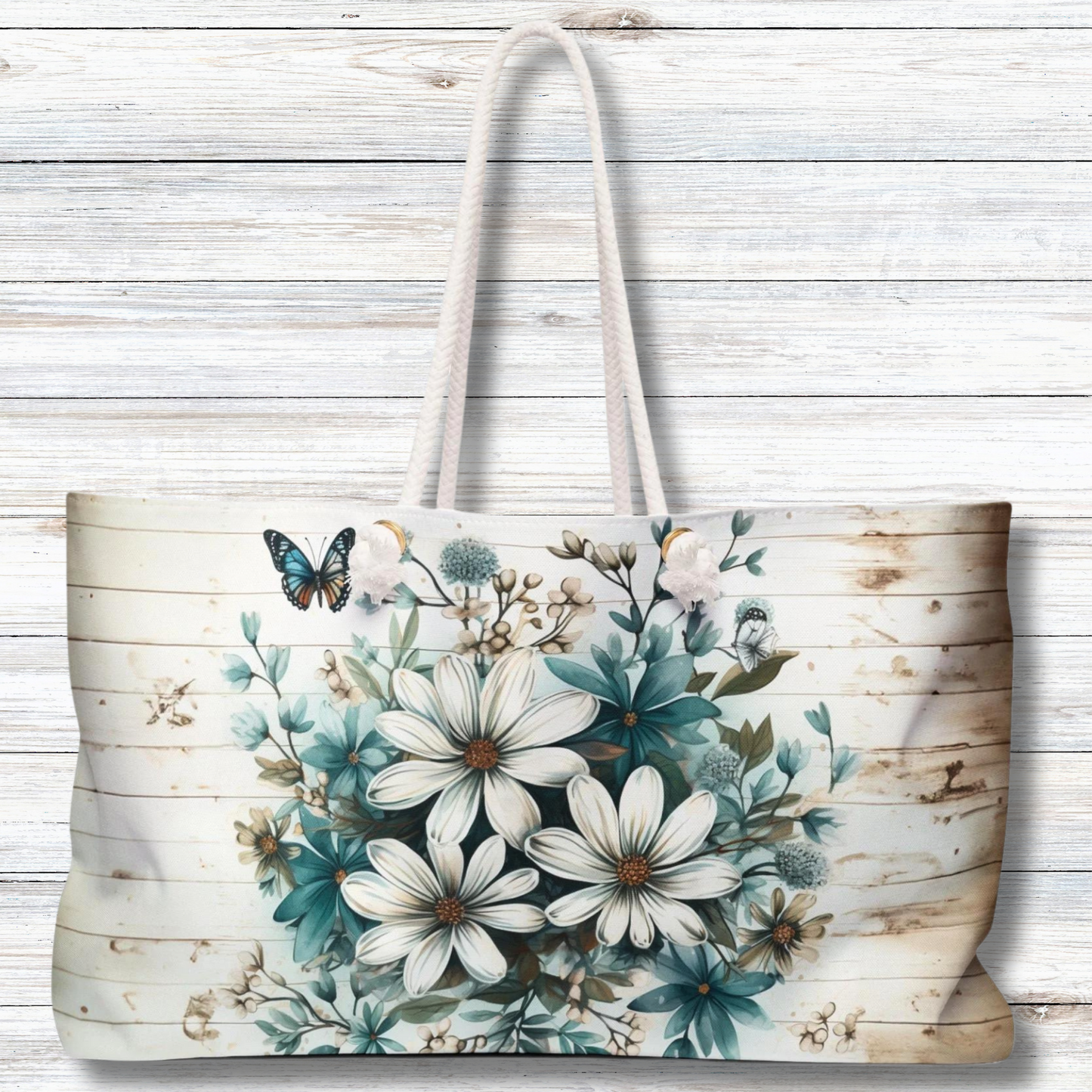 Rustic Charm Bouquet featuring Teal Accents White Wild Daisies with Butterflies  Weekender Oversized Canvas Tote Bag 24" × 13"