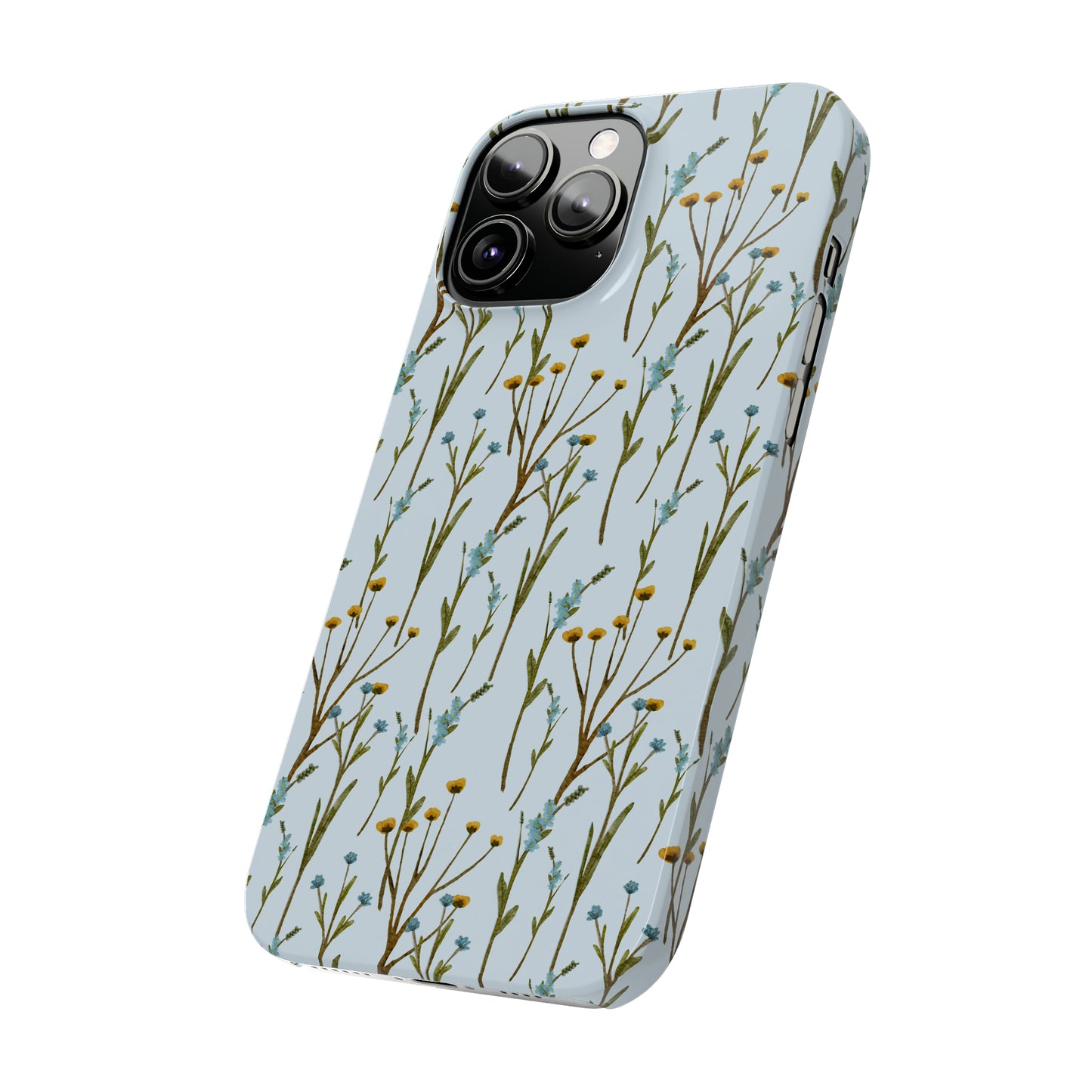 Delicate Blue and Yellow Wildflowers on a Light Blue Background Design Iphone 15-12 Slim Phone Case