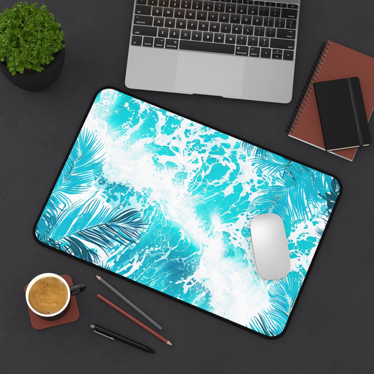 Tropical Serenity Lush Palm Leaves Interwoven with Foaming Sea Waves Rich Teal Tones Extended Gaming Mouse Pad  Desk Mat  - 3 Sizes