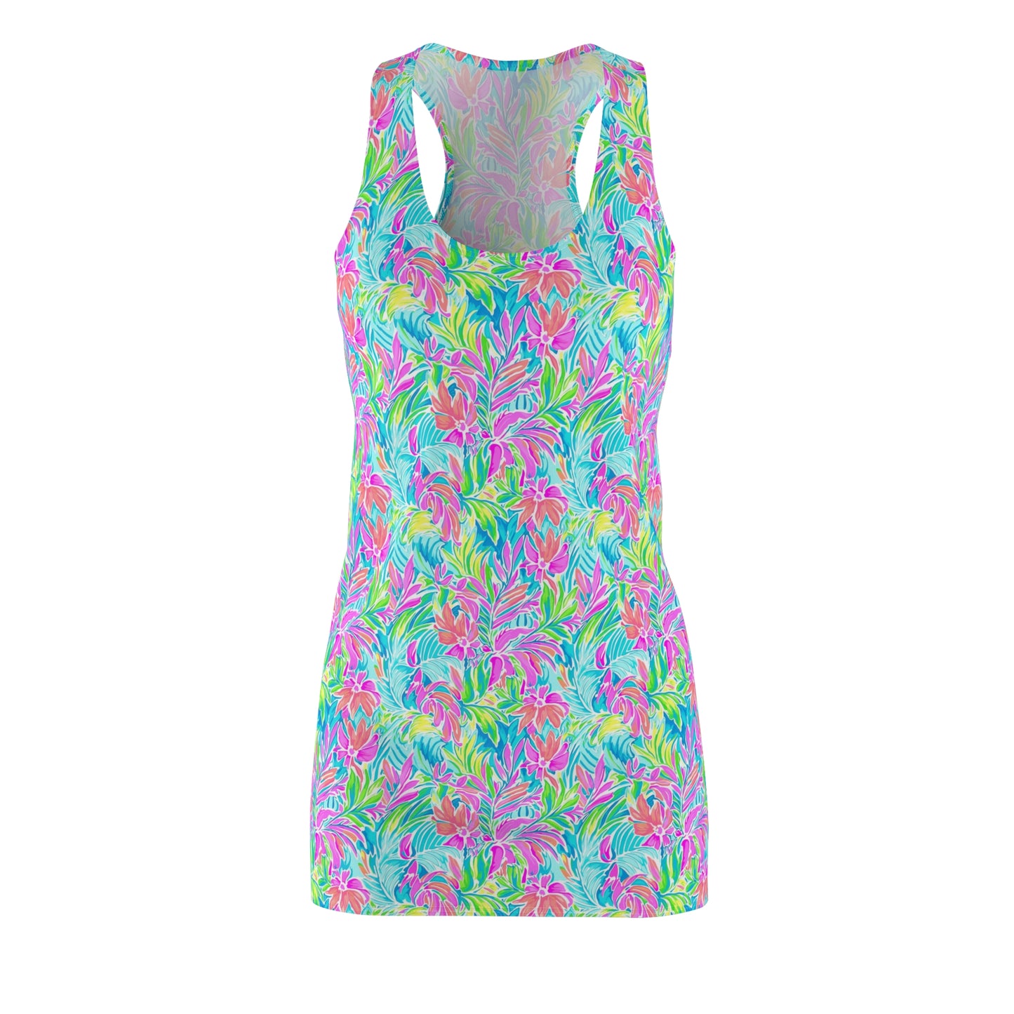 Neon Tropics: Vibrant Rainbow Flowers and Palm Leaves in Electric Splendor Women's Racerback Dress XS - 2XL