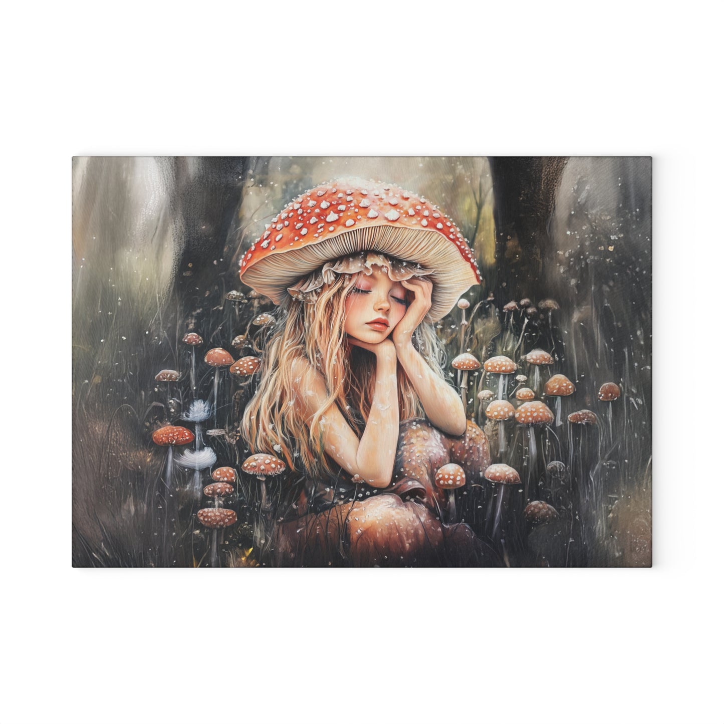 Woodland Nymph Slumbers Beneath a Mushroom's Shade Glass Cutting Board - 2 Sizes