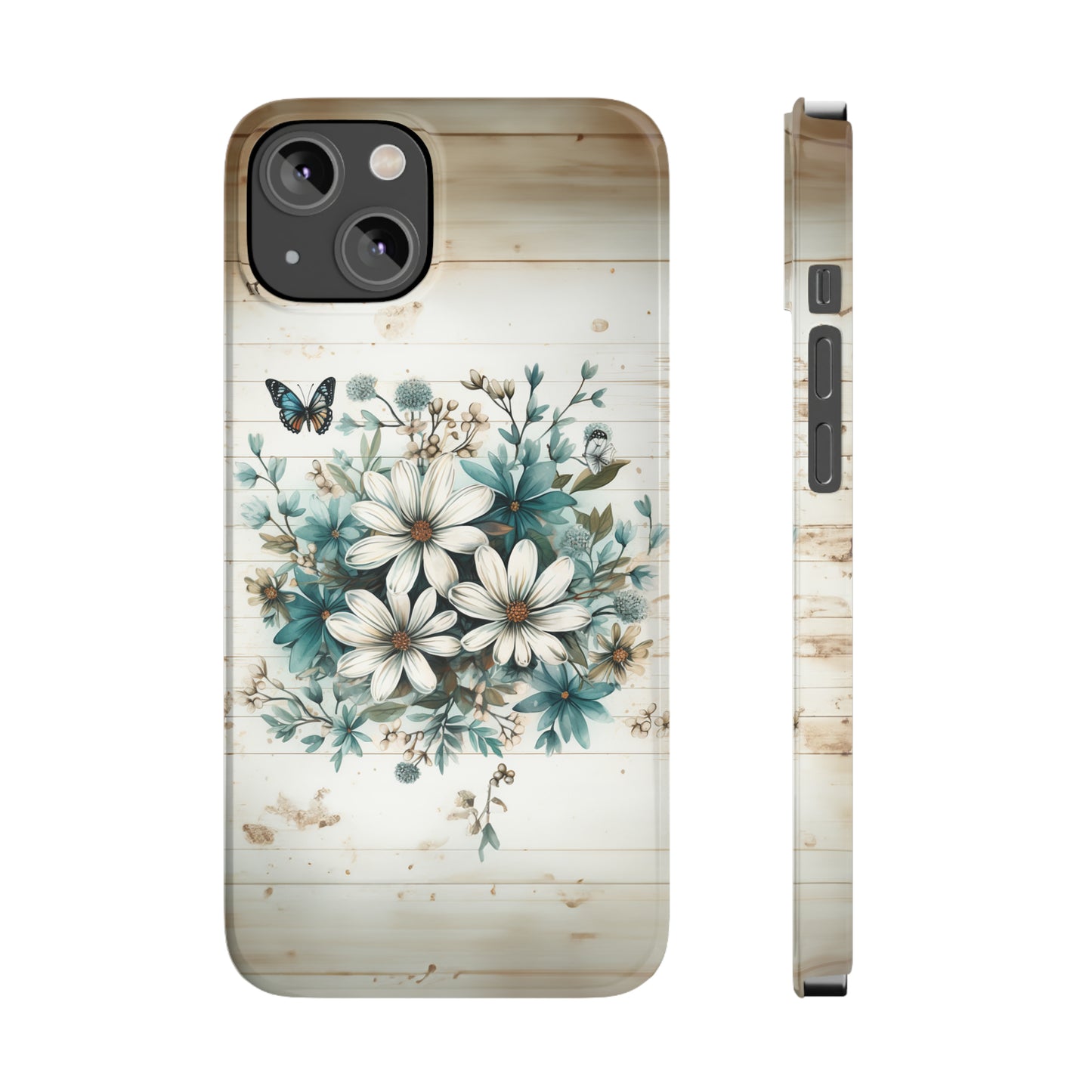 Rustic Charm Bouquet featuring Teal Accents White Wild Daisies with Butterflies  Iphone 15-12 Slim Phone Case