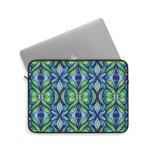 Retro Abstract Blue and Green Floral Pattern Laptop or Ipad Protective Sleeve 3 Sizes Available