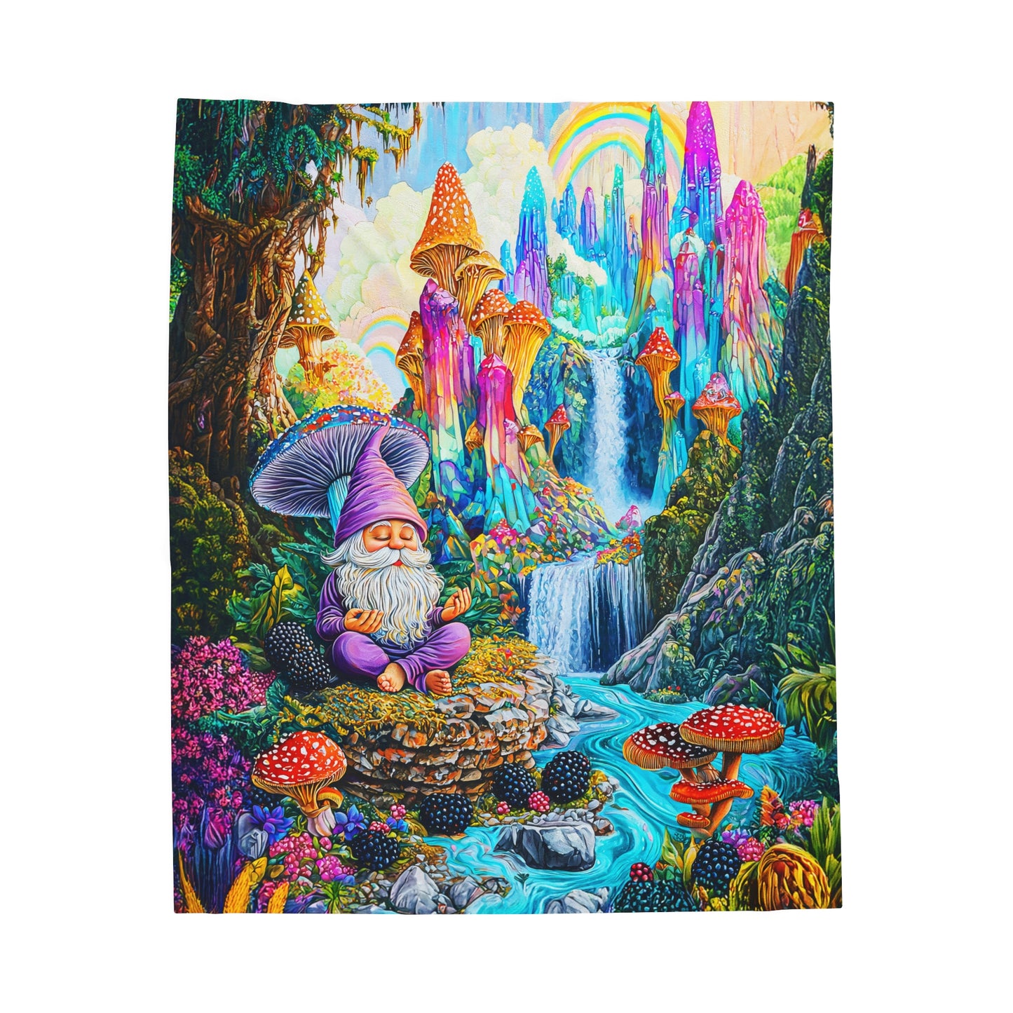 Enchanted Gnome in a Vibrant Mushroom Paradise Velveteen Plush Blanket 3 Sizes