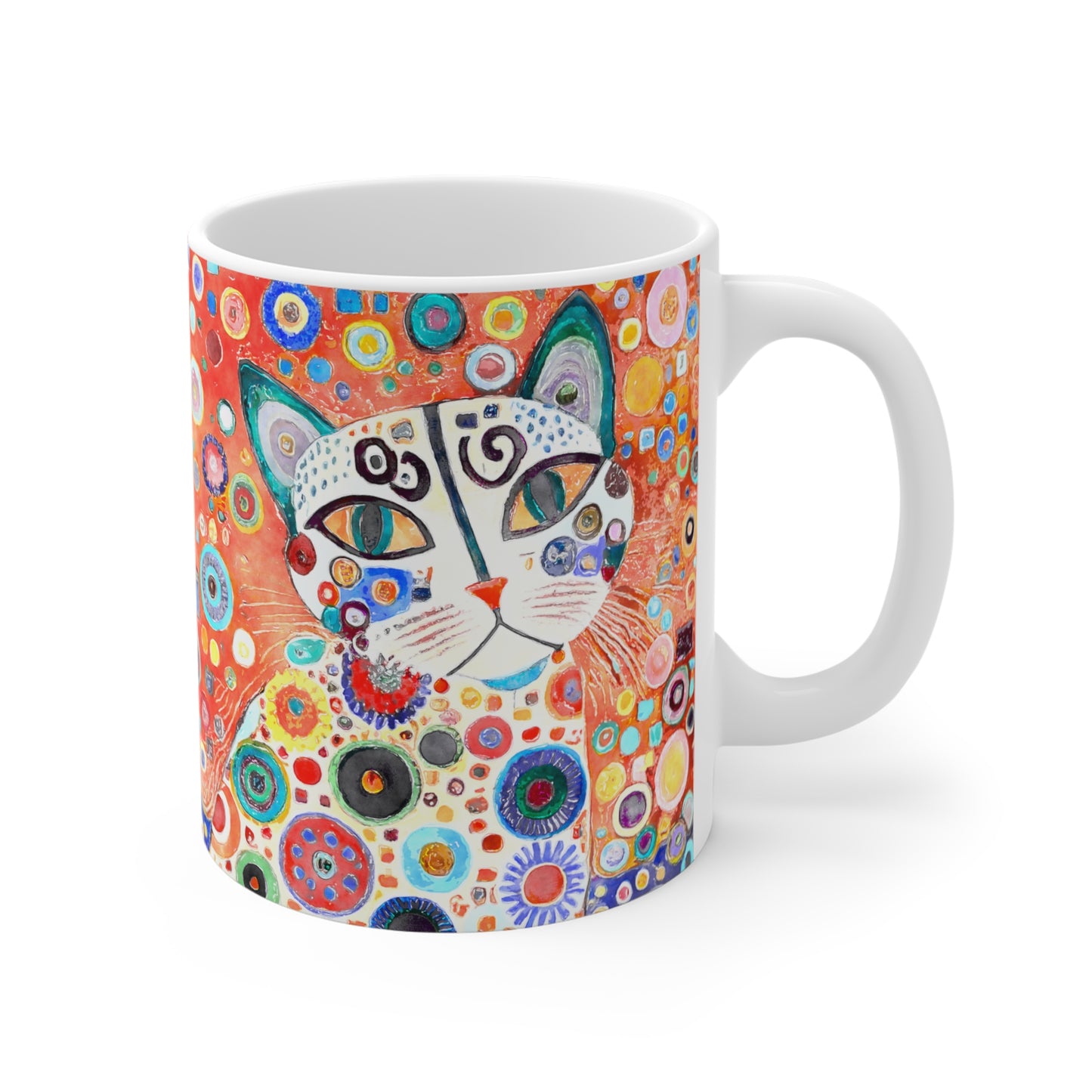 Whimsical Retro Flowers and White Cat in Style of Klimt  - 11 oz Coffee