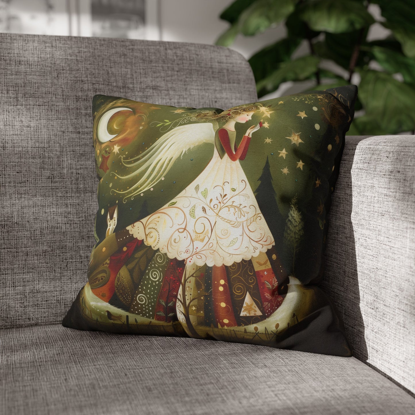 Christmas Angel in Tapestry Dress Amidst a Starlit Forest Spun Polyester Square Pillowcase 4 Sizes