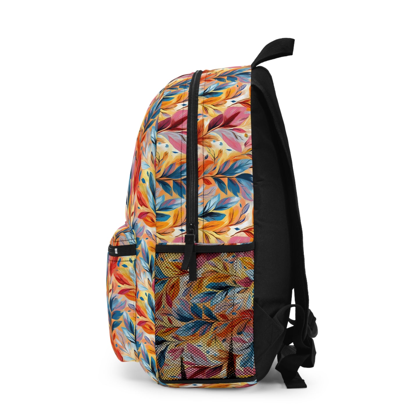 Vibrant Autumn Feathers in Hues of Orange, Yellow, Blue, and Pink on a Textured Background Lightweight Stylish Durable Backpack (Made in USA)